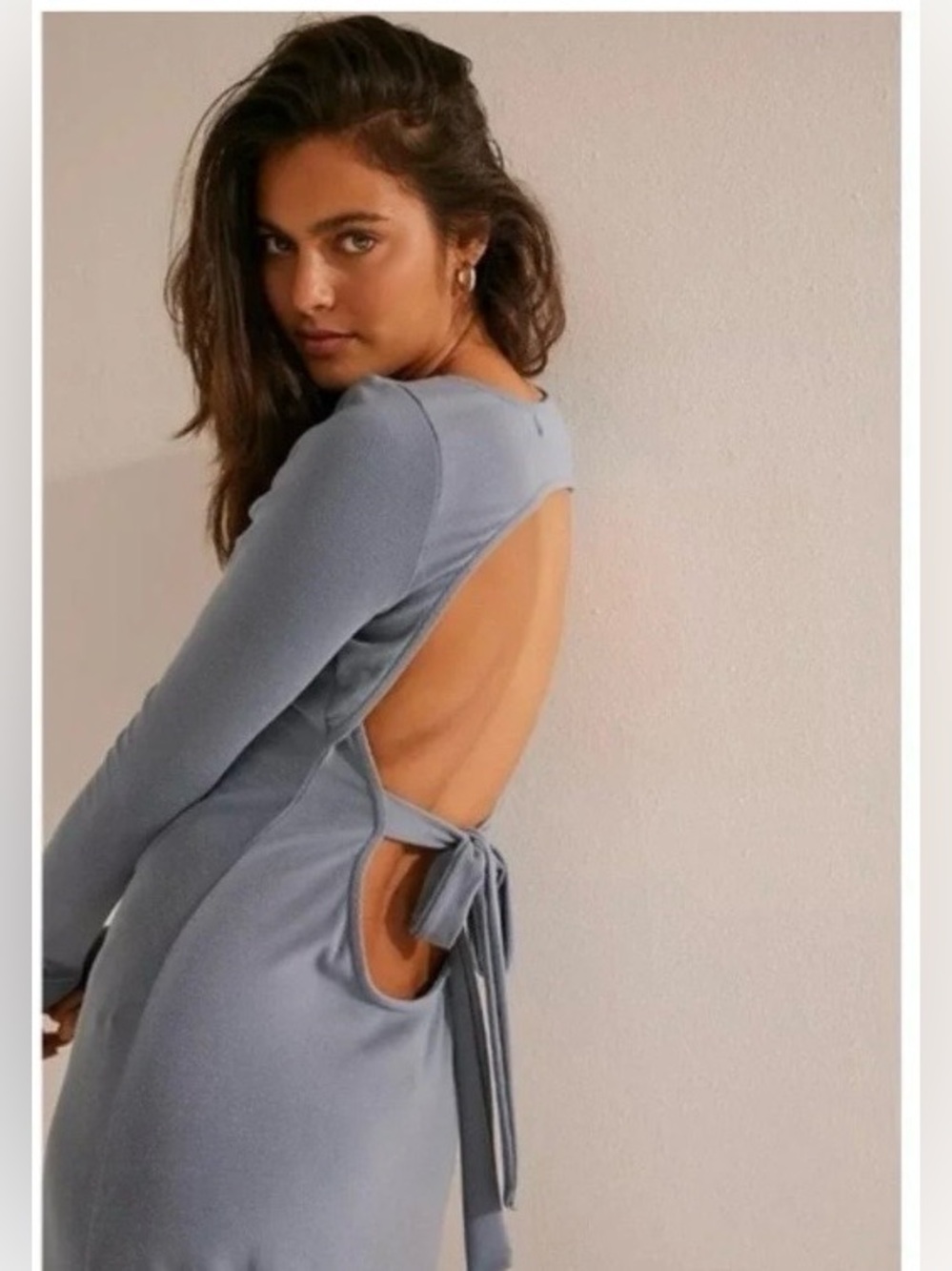 Free People FP Beach Aubre Open-Back Long Sleeve Maxi Dress in Slate Blue, Sz M